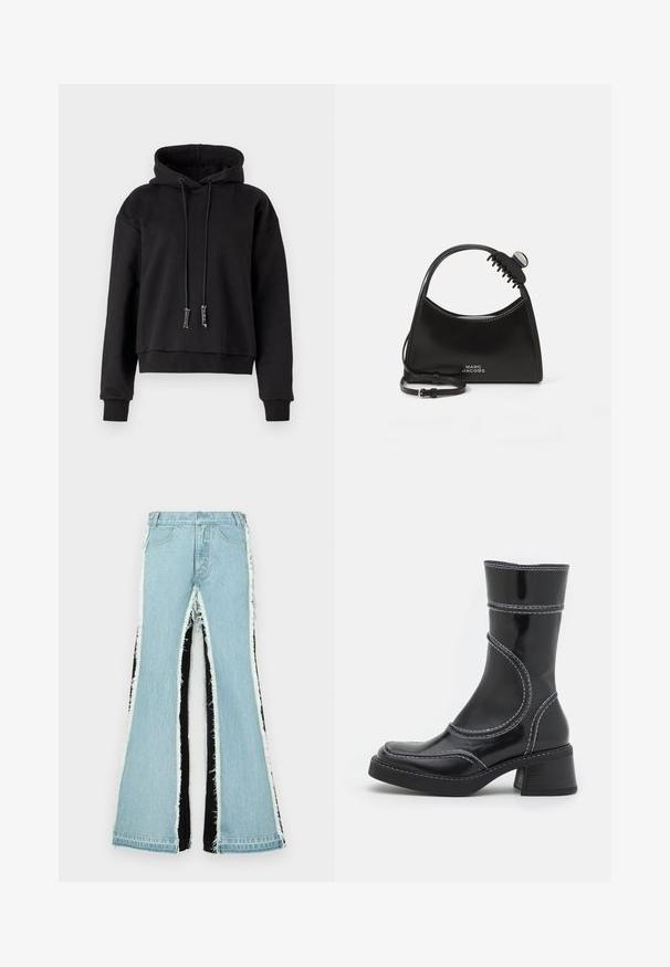 Mustmust pikkade varrukatega must crop-hoodie, mis on valmistatud pehmest kangast. Sellel on soonikkoes äärised allservas ja varrukatel, ning reguleeritav kapuuts.; Heledad hall siniste paneelidega heledad sinised flared teksad, kulunud äärte ja kõrge vöökohtade kujundusega. Omab tavalisi taskuid ja vöökohalööke.; Must must pikkade säärega, musta lakknahast jalats, valgete õmblustega, ümarate varvaste ja plokk-kandadega. Omab kõveraid disainijoontesid ja siledat pindmääret.; Mustad Marc Jacobs käsikott, millel on kaardus käepide ja külge kinnitatud must juukseklamber valgel taustal.