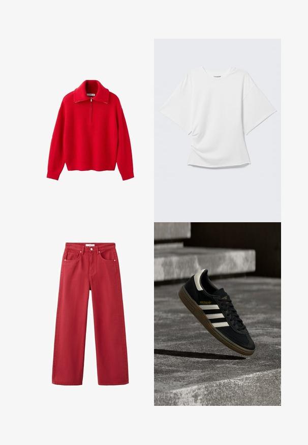 Pull rouge en maille côtelée avec manches longues et col zippé à un quart, présenté à plat sur un fond blanc.; T-shirt blanc oversize à manches courtes avec col rond présenté sur un fond gris clair.; Jean rouge taille haute à jambe droite avec passants de ceinture, bouton frontal, fermeture éclair et design à cinq poches.; Baskets Adidas noires avec des bandes blanches et une semelle en gomme flottant au-dessus d'escaliers en béton gris sous une lumière naturelle.