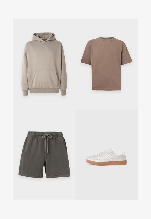 Sweat-shirt à capuche de couleur beige clair avec une poche kangourou, des poignets et un ourlet côtelés. Fabriqué en tissu doux et texturé.; T-shirt en coton brun uni à manches courtes, col rond et coupe décontractée, présenté sur un fond gris clair.; Shorts en coton gris foncé avec taille élastique, poches avant et cordon de serrage au centre.; Baskets argentées avec une texture lisse, un design à lacets, des accents perforés et une semelle en caoutchouc marron texturé.