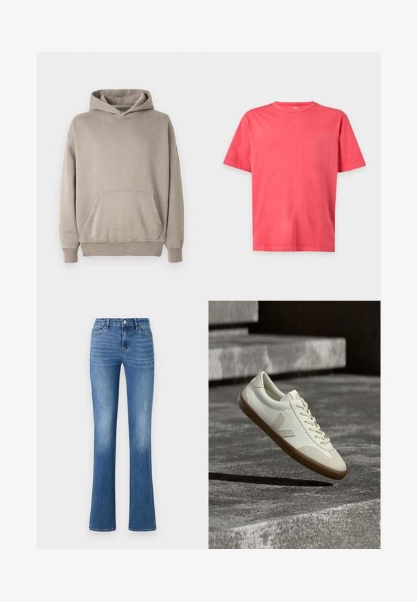 Sudadera con capucha en un color beige claro, con un bolsillo tipo canguro, puños y dobladillo acanalados. Confeccionada en una tela suave y texturizada.; Camiseta lisa de color coral rosa brillante de manga corta y cuello redondo con ajuste regular sobre fondo blanco.; ONLY ONLWAUW MID WAIST - Vaqueros slim fit - medium blue denim; Zapatillas blancas de cuero con suela de goma color beige, cordones planos y un acento en forma de V en el costado. Presentan una superficie lisa y detalles mínimos de costura.