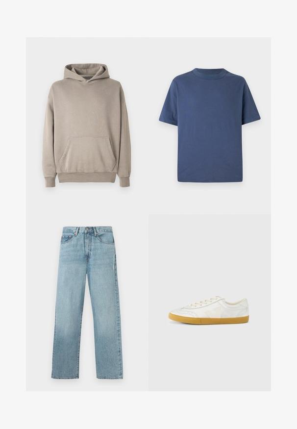 Hætte sweatshirt i en lys beige farve med en kængurulomme, ribbede manchetter og kant. Fremstillet af blødt, struktureret stof.; Mørkeblå t-shirt med korte ærmer lavet af blødt bomuld. Har en rund hals og en afslappet pasform. Glat tekstur uden synlige mønstre eller accenter.; Lyseblå denimjeans med lige ben, fem lomme-design og knaplukning i taljen.; Hvid lædersneaker med en glat tekstur, med en beige 'V'-logo, rund tå, snørelukning og en sål af gumgummi.