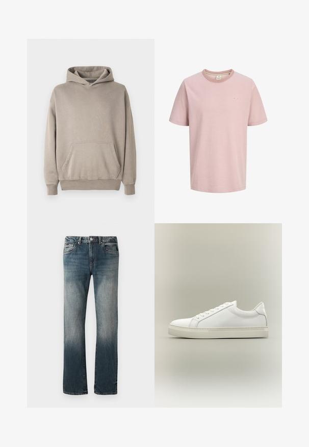 Hætte sweatshirt i en lys beige farve med en kængurulomme, ribbede manchetter og kant. Fremstillet af blødt, struktureret stof.; Lys pink kortærmet T-shirt med rund hals, med et lille hvidt logo på venstre bryst og et enkelt, ensfarvet design.; Herre lige pasform blå denim jeans med falmet vask og fem-lomme design mod en hvid baggrund.; Hvid lavtop sneaker med snørebånd foran og tyk sål, vist fra siden mod en neutral baggrund.