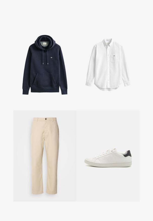 Dunkel marineblaue Kapuzen-Sweatshirt mit Fronttasche, Kordelzug, gerippten Bündchen und kleinem gesticktem Logo auf der Brust.; Weißes langärmeliges Hemd mit Kragen und Brusttasche mit kleinem gesticktem Logo.; Beige Baumwollhosen mit geraden Beinen, einem Knopfverschluss vorne, Seitentaschen und einer glatten Textur. Minimalistisches Design, ohne sichtbare Muster.; Weiße Leder-Sneaker mit abgerundetem Zeh, flacher Gummisohle, seitlichen Nahtdetails und einem kontrastierenden dunklen Fersenakzent. Schnürsenkel mit metallischen Ösen.