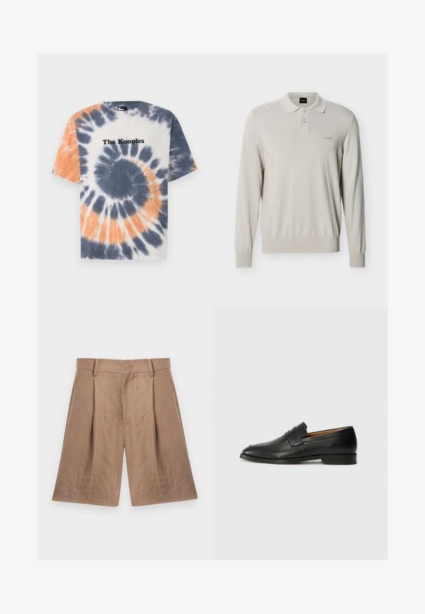 Suéter tipo polo de manga larga en beige claro con dos botones y puños acanalados, con un pequeño logo "BOSS" en el pecho izquierdo.; Camiseta de algodón con un patrón de tie-dye en azul, naranja y blanco, con cuello redondo y el logo de "The Kooples" en negro en el pecho.; Pantalones cortos beige hasta la rodilla, hechos a medida, con trabillas para cinturón, pliegues delanteros, bolsillos laterales y una cintura ajustada sobre fondo blanco.; Mocasín de cuero negro con punta redonda, detalles de costura sutil y un tacón bajo, que presenta una textura suave y un diseño minimalista.