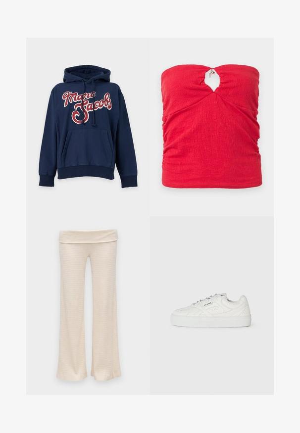 Sweat à capuche bleu marine avec poche avant et capuche à cordon, orné d'une grande inscription "Marc Jacobs" rouge et blanche sur la poitrine.; Haut rouge texturé sans bretelles avec une petite découpe en trou de serrure au centre, maintenu par un détail de fermoir argenté.; Pantalon large en maille côtelée couleur crème avec une ceinture à revers, présenté sur fond blanc.; Baskets blanches montantes avec un design à lacets, détails perforés et "CPNHGN" imprimé sur le côté, sur un fond blanc uni.