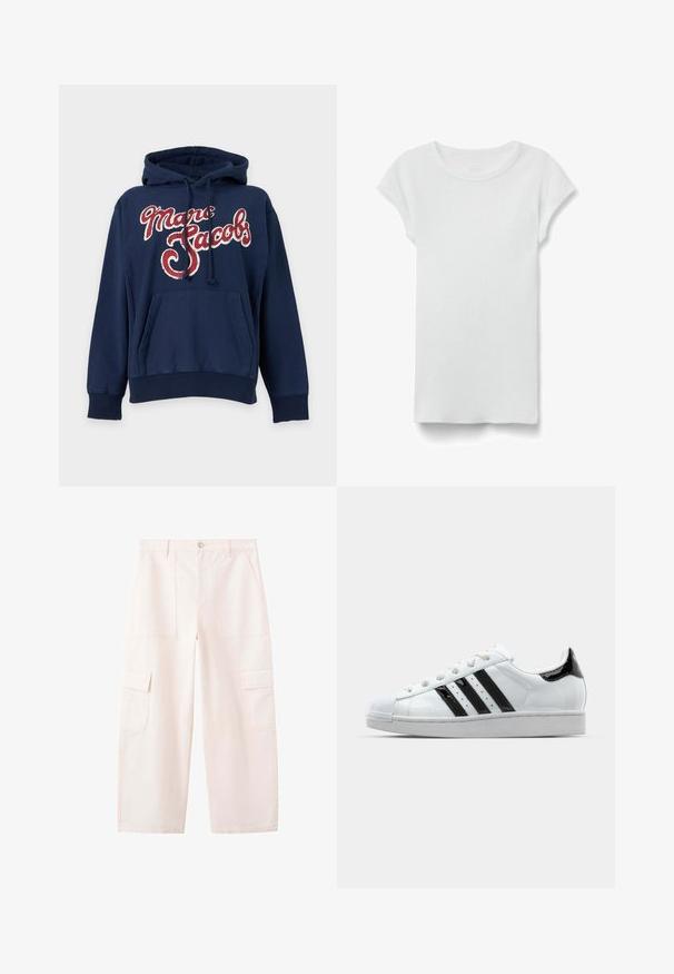 Marineblå hættetrøje med forlomme og snøre i hætten, prydet med stor rød og hvid "Marc Jacobs"-skrift på brystet.; Hvid kortærmet ribbet T-shirt med rund hals, lagt fladt på hvid baggrund, viser forsiden og simpel afslappet stil.; Lyserøde vidde cargobukser med forlommer, sidelommer med klap, bæltestropper og knaplukning i taljen.; Hvid sneakers med sorte laklæderdetaljer, tre sorte striber og en gummitoekappe. Har hvide snørebånd og en glat tekstur på overdelen.