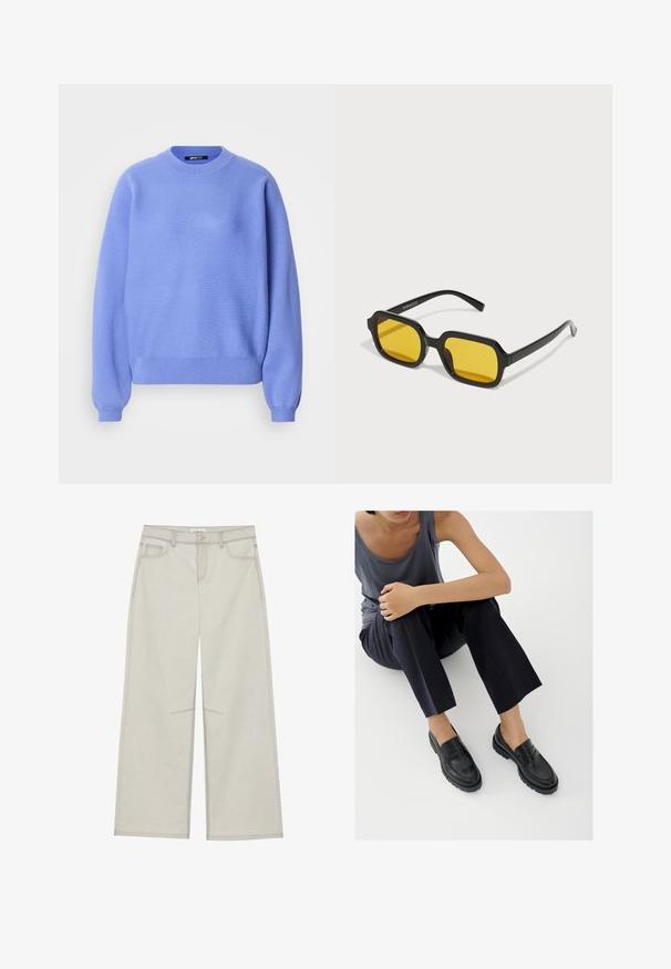 Lyseblå pulloverstriktrøje med rund halsudskæring, lange ærmer og ribstrikkede manchetter. Blød tekstur og afslappet pasform, minimalistisk design.; Lysegrå bredbenede bukser med fem lommer, frontknaplukning og kontrastsyninger langs sømmen. Stoffet ser blødt og slidstærkt ud.; Sorte læderloafers med teksturerede detaljer, lav hæl, rund tå og synlige syninger. Modellen bærer mørke bukser og en grå top.; Sorte rektangulære solbriller med gule linser. Funktioner inkluderer tykke stel og kantet design med en glat, blank finish.