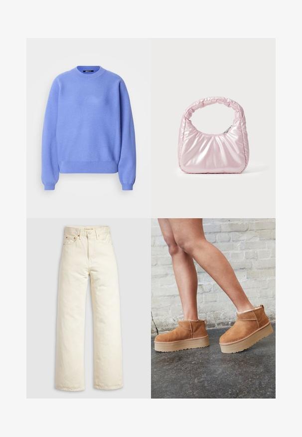 Pull-over bleu clair à col rond, manches longues et poignets côtelés. Texture douce et coupe décontractée, design minimaliste.; Jean à jambes larges en denim écru, doté d'une taille haute, de rivets en cuivre et d'un design classique à cinq poches. Tissu texturé avec des ourlets nets.; Bottines en suède marron avec une doublure en peluche, semelle épaisse en beige et une poignée à l'arrière. Surface texturée avec des détails de couture visibles.; Sac à main rose rembourré avec un design arrondi, fabriqué à partir d'un matériau brillant. Dispose d'une poignée froncée et d'une fermeture éclair pour un accès sécurisé.