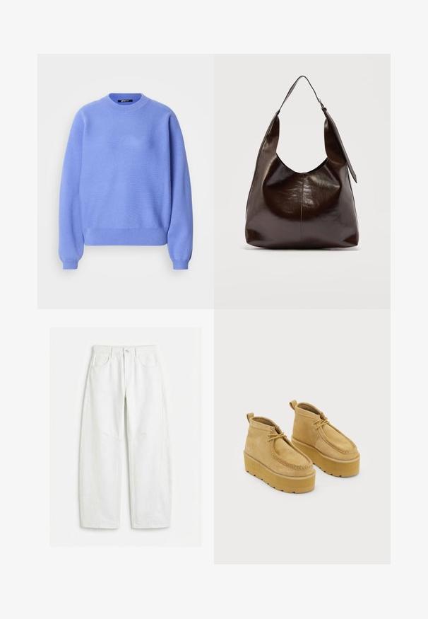 Lyseblå pulloverstriktrøje med rund halsudskæring, lange ærmer og ribstrikkede manchetter. Blød tekstur og afslappet pasform, minimalistisk design.; Hvide straights i jeans med frontlommer, bæltestropper, knaplukning og synlige sømdetaljer.; Suedes ankelstøvler i lys tan med en rund tå og snørebåndsdesign. Tyksål med chunky platform, der har en struktureret finish og syningdetaljer.; Mørkebrunt, skinnende læder skuldertaske med en enkelt bred rem og spændedetalje på den ene side, sat mod en ensartet lys baggrund.