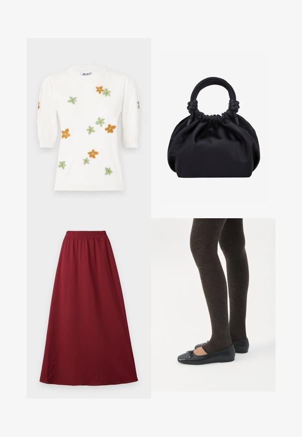 Valge pulli sviiter lühikeste puffvarrukatega, millel on lilleline tikand oranži, rohelise ja kollase värvusega. Klassikaline ümmargune kaelus ja soonikäär.; Burgundia maxi seelik, millel on elastne vöökoht, sujuva ja voolava kangaga ning lihtne, ilma kaunistusteta disain.; Jalad seljas tumedad soonelises soonelises kombines mustade baleriinadega, millel on väikesed paelade detailid valgel taustal.; Mustast pehmest kangast käekott kroogitud ülaosaga ja ümarate polsterdatud käepidemetega, mis on kummalgi küljel sõlmedega seotud.