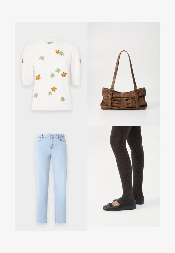 Hvid pullover-sweater med korte pufærmer, prydet med blomsterbroderi i orange, grøn og gul. Klassisk rund halsudskæring og ribbet kant.; Lyseblå lige ben jeans lavet af denim, med en standard talje, fem lommer og subtile sømdetaljer.; Ben iført mørke ribbede leggings kombineret med sorte balletsko med små sløjfedetaljer på hvid baggrund.; Even&Odd Håndtasker - brown