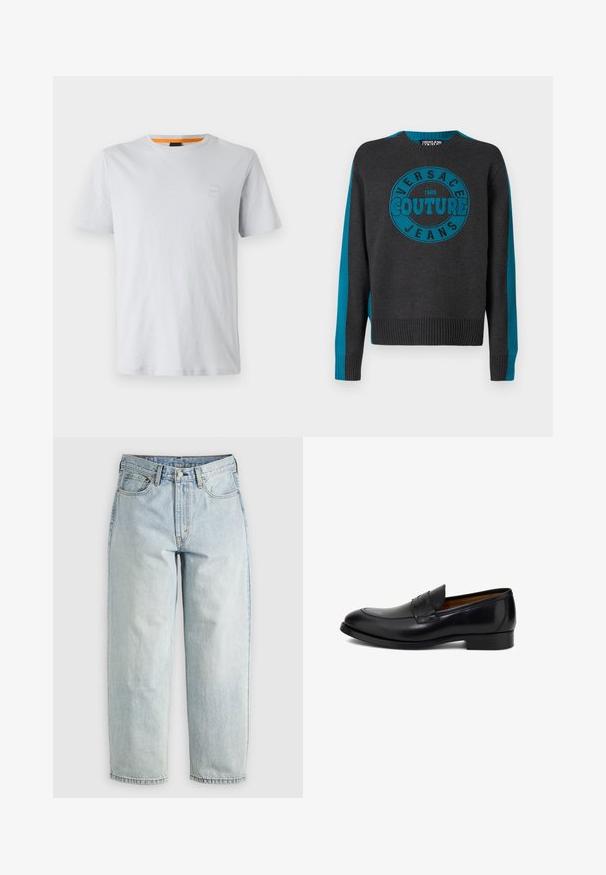 Küsimusteta hõbedane hall kudum, millele on lisatud türkiissiniseid triibusid käistelt ja keskel ümmargune logo, millel on kirjas "Versace Jeans Couture 1988."; Heledhalli lühikeste varrukatega t-särk, mis on valmistatud puuvillast, sisaldab väikest logo paika rinnal ja kontrastset oranži aksenti krael.; Heledad sinine teksapüksid otse säärega, viie taskuga ja nööbiga sulgemine; sisaldab pleekinud alasid ja delikaatseid õmblusdetailsusi.; Mustast nahast mokassiinid, sile viimistlus, ümar varvas, dekoratiivne õmblus ja madal astmeline konts. Klassikaline libisemisdisain.