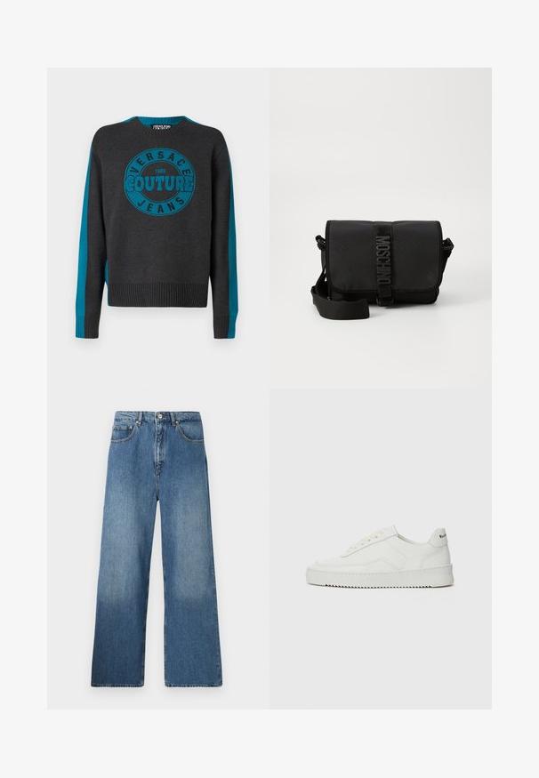 Küsimusteta hõbedane hall kudum, millele on lisatud türkiissiniseid triibusid käistelt ja keskel ümmargune logo, millel on kirjas "Versace Jeans Couture 1988."; Laiad sinised denimpüksid, millel on klassikaline viie tasku disain, esine nööbiga sulgemine ja kerge fade efekt tekstuuri jaoks.; Valge nahast tennis, millel on sile põhi, ümar varvas, lamedad nöörid ja tekstuuriline tall. Sisaldab diskreetset logo kontsaribal.; Must mustruum kotkas mustast nailonist, millel on klapp, esitleb silmapaistvat logo rihma sulgemist, reguleeritavat rihma ja külgõmbluste üksikasju.