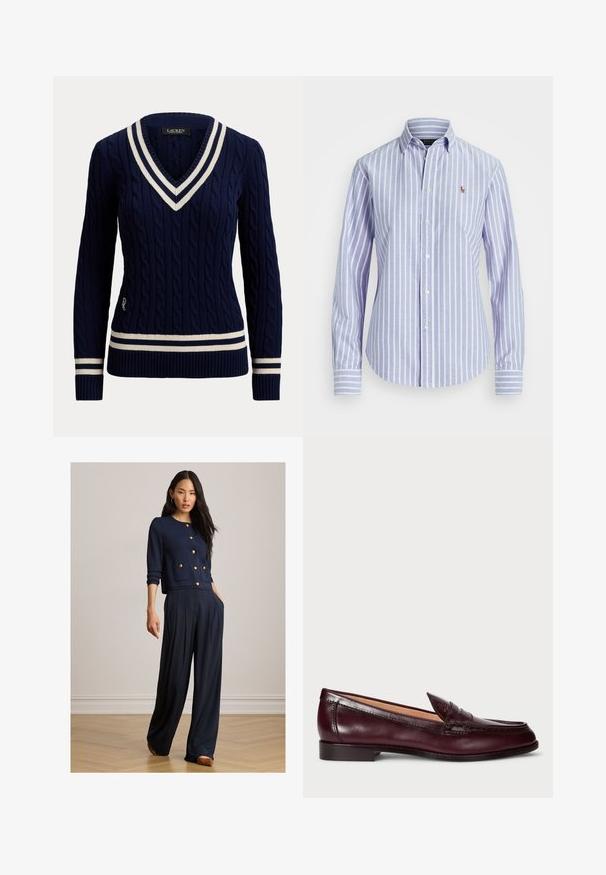 Marineblauw kabelgebreide trui met wit gestreepte V-hals, mouwboorden en zoom, met lange mouwen en een aansluitende pasvorm.; Lichtblauw-wit verticale gestreepte blouse met lange mouwen, knopen, kraag en klein geborduurd logo op de borst.; Vrouw die een marineblauwe gebuttonde cardigan met gouden knopen en wijde broek draagt, staande op een houten vloer tegen een effen muur.; Bordeaux leren loafers met een gladde afwerking, ronde neus, decoratieve stiksels en een lage hak. Het interieur heeft een zachte beige voering.