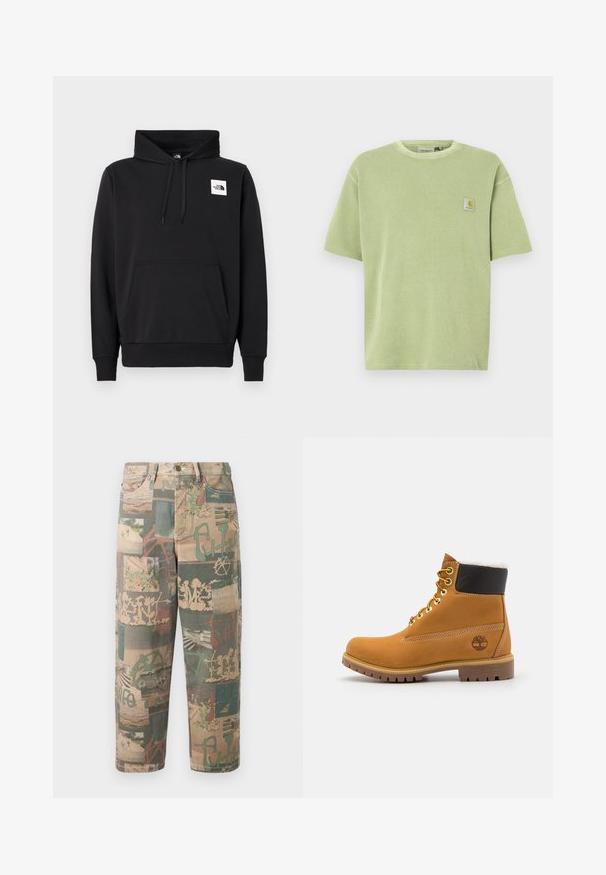 Sweat à capuche noir en mélange de coton, avec une poche kangourou à l'avant, une capuche avec cordon de serrage et un petit logo blanc sur la poitrine.; T-shirt vert clair à manches courtes avec une texture côtelée et un patch logo sur la poitrine. Coupe décontractée et encolure ronde.; Pantalon décontracté à jambe droite avec un imprimé mélangeant nature, graffiti et abstrait dans des tons verts sourds, beige et marron sur un fond clair.; Bottine en cuir brun avec œillets en métal, doublure en fourrure blanche, col rembourré noir, semelle robuste et logo en relief sur le côté.