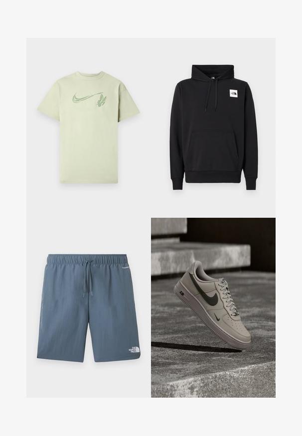 Musta puuvillasekoitevetoketjullinen huppari, jossa etutasku, säädettävä huppu ja pieni valkoinen logo rinnassa.; Vihreä puuvillapaita, jossa on suuri Nike-swoosh-logo ja perhosgrafiikka, klassisella pyöreällä kaula-aukolla ja lyhyillä hihoilla.; Siniset joustavat vyötäröshortsit, joissa on kiristysnyöri, The North Face -logo vasemmassa lahkeessa ja "FLASHDRY"-teksti oikean taskun lähellä.; Beige Nike Air Force 1 -lenkkarit, joissa on tummanvihreä Swoosh-logo, kelluvat tekstuurillisten betonisten portaiden yläpuolella himmeässä valaistuksessa.