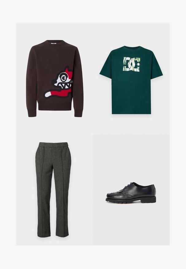 Brun langærmet sweater med et stort abstrakt tegneseriehundes ansigt i rød, hvid og sort på den forreste højre side.; Mørkegrøn T-shirt med korte ærmer og rund hals med en stiliseret hvid og grøn abstrakt DC-logo centreret på brystet.; Grå skræddersyede bukser med en struktureret stof, der har en elastisk talje, lige ben og detaljer med forkant.; Sorte lædersko med snørebånd, tekstureret front, robust sål og sidesøm detaljer, med rundet tå og minimalistisk design.