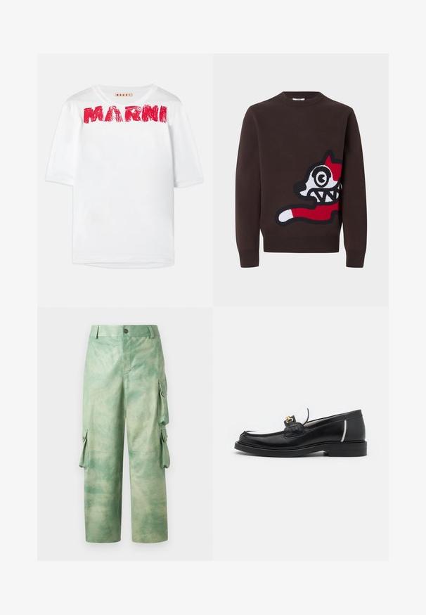 Bruine trui met lange mouwen met een groot abstract cartoon hondenhoofd in rood, wit en zwart aan de rechtervoorzijde.; Witte t-shirt met korte mouwen en een wijde ronde hals, waarop het 'MARNI' logo in het rood gedrukt is, met een licht gestructureerde stof.; Les Benjamins VINTAGE PANT - Leren broek - army green; Zwarte leren instapper met een ronde neus, witte accenten en gouden hardware op de wreef. Bevat een getextureerde patch en een gestapelde hak.