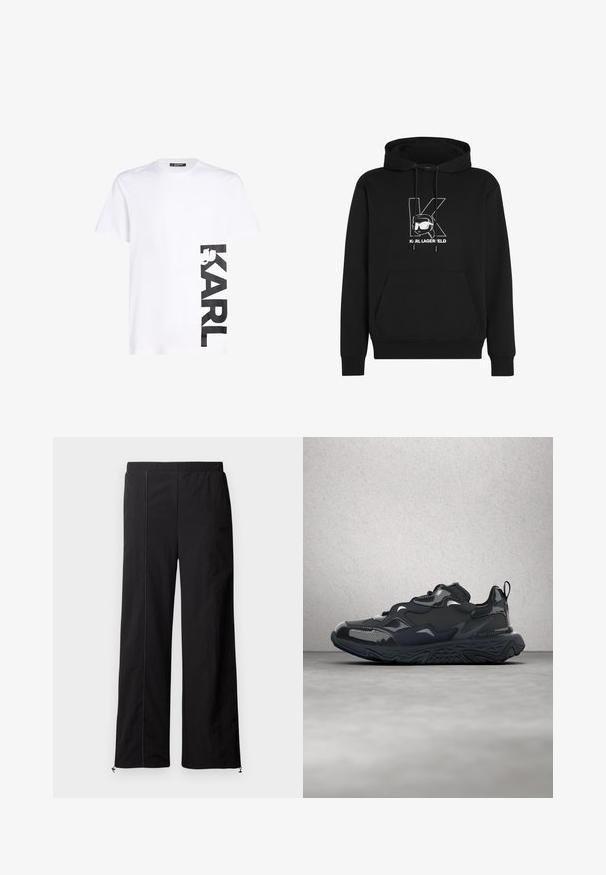 Schwarzer Kapuzenpullover mit einer vorderen Kängurutasche, Kordelzügen und einem weißen Grafiklogo mit stilisiertem Text und einer Illustration.; Weißes Baumwoll-T-Shirt mit großem schwarzem "KARL"-Logo auf der linken Seite, kurzen Ärmeln und klassischem Rundhalsausschnitt.; Schwarze weit geschnittene Hosen mit glatter Textur, elastischem Bund und Kordelzugverschluss an den Knöcheln. Verfügt über kontrastierende Steppnähte.; Schwarzer Laufschuh mit strukturiertem Obermaterial, glatten Akzenten und einer klobigen Sohle mit wellenförmigem Profil, entworfen für Komfort und Langlebigkeit.