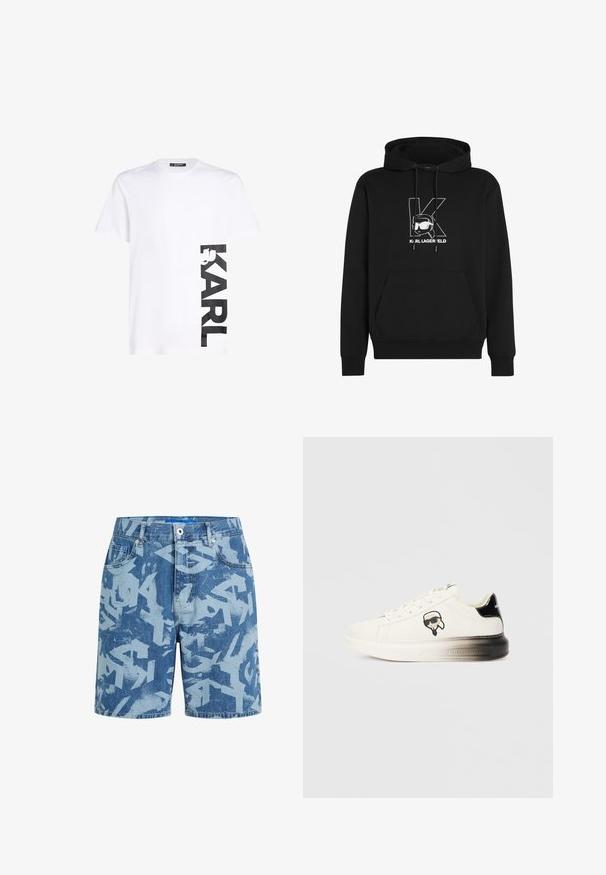 Sudadera negra con capucha que cuenta con un bolsillo tipo canguro en la parte frontal, cordones ajustables y un logo gráfico blanco con texto estilizado e ilustración.; Camiseta de algodón blanca con un gran logo impreso en negro "KARL" en el lado izquierdo, mangas cortas y un cuello redondo clásico.; Pantalones cortos de mezclilla azul con estampado abstracto estilo graffiti en azul claro, bolsillos delanteros, trabillas para cinturón y cierre de botón.; Zapatilla blanca con parte superior de cuero liso, detalles en negro en el talón y un logotipo de dibujos animados. Presenta una suela gruesa y ligeramente transparente.