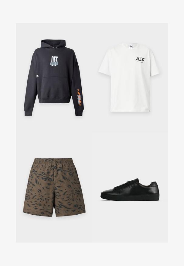 Sweat à capuche noir avec poche avant, texte blanc "OFF" au-dessus d'un graphisme bande grise sur la poitrine, et bandes diagonales orange avec texte sur la manche droite.; T-shirt blanc à manches courtes avec logo noir "ACG" et texte "FOR OUTDOOR USE" sur la partie supérieure gauche de la poitrine.; Short marron avec imprimé animal abstrait foncé, taille élastique, poches latérales et petit texte brodé sur la jambe droite.; Basket basse en cuir noir avec lacets noirs et semelle épaisse noire, vue de profil sur fond gris clair.