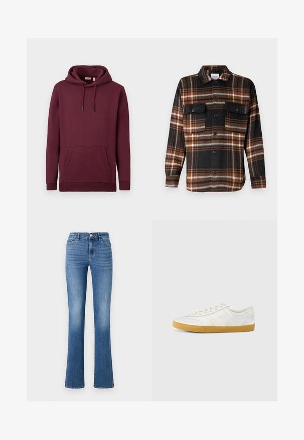 Burgundia värvi kapuutsiga sviiter, mis on valmistatud pehmest kangast, esiküljel on tasku ja mustade otstega nöörid; soonikkoes mansetid ja lõpp.; Jack & Jones Over Relaxed Fit - Pluus - monks robe; ONLY ONLWAUW MID WAIST - Liibuvad teksad - medium blue denim; Valge nahast tennisejalanõu siidise tekstuuriga, millel on beež 'V' logo, ümara ninaga, paelaga kinnitatav ja kummeeritud tald.