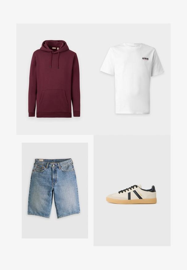 Bordeaux hættetrøje lavet af blødt stof, med en frontlomme og snore med sorte spidser; ribbede manchetter og kant.; Hvid T-shirt med korte ærmer med lille sort og pink tekstdesign på venstre brystområde.; Lyseblå denimshorts med klassisk snit. Har fem lommer, orange stikninger og rå skærmkanter.; Casual sneakers i creme med sorte striber, med en tekstureret overdel og sål i gummigummi. Snørebåndene er sorte. Diskret logo på siden.