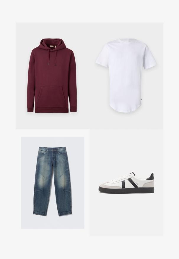 Burgunderfarbener Kapuzenpullover aus weichem Stoff, mit einer vorderen Tasche und Kordeln mit schwarzen Spitzen; gerippte Bündchen und Saum.; Weißes T-Shirt mit kurzen Ärmeln aus Baumwolle. Rundhalsausschnitt mit abgerundetem Saum. Etikett auf der unteren linken Seite sichtbar. Glatte Textur.; Hellblaue Jeans aus Denim mit lockerem Schnitt, verwaschenen Stellen, Fronttaschen und diagonalen Nahtakzenten. Gerader Beinverlauf.; Weiße Sneaker mit schwarz- und grau-aczenten, ausgestattet mit einer strukturierten grauen Zehenkappe, schwarzer Gummi-Sohle und flachen weißen Schnürsenkeln. Sauberes Design, minimalistische Stil.
