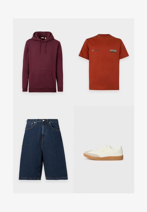 Sudadera con capucha burdeos hecha de una tela suave, con un bolsillo frontal y cordones con puntas negras; puños y dobladillo de canalé.; Camiseta de manga corta y cuello redondo color óxido con pequeños logos de texto en negro y beige en la parte superior del pecho, fondo liso.; Pantalones cortos de mezclilla azul oscuro con un corte holgado, que cuentan con dos bolsillos frontales y un bolsillo trasero, terminados con detalles de costura en naranja.; Zapatilla de cuero blanca con puntera beige y suela de goma marrón claro. Presenta cordones planos blancos y una marca en relieve en el lateral.
