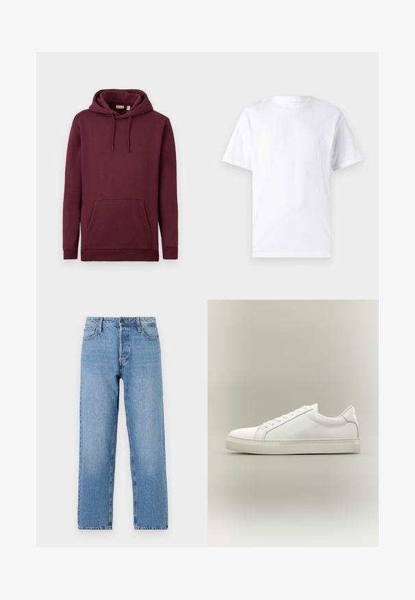 Bordeaux hættetrøje lavet af blødt stof, med en frontlomme og snore med sorte spidser; ribbede manchetter og kant.; Hvid kortærmet t-shirt lavet af bomuld med rund hals, der har en glat tekstur og et simpelt design uden mønstre eller accenter.; Lyseblå denimjeans med lige ben, der har en knap- og lynlås lukning, fem lomme-stil og subtilt slid.; Hvid lavtop sneaker med snørebånd foran og tyk sål, vist fra siden mod en neutral baggrund.