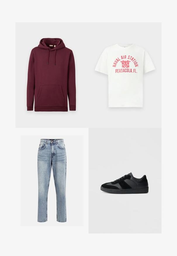 Bordeaux kleurige hoodie gemaakt van zachte stof, met een voorzak en trekkoord met zwarte uiteinden; geribbelde manchetten en zoom.; Witte T-shirt met korte mouwen en rode tekst "NAVAL AIR STATION PENSACOLA, FL." en een adelaar-embleem in het midden van de voorkant.; Lichtblauwe denim hoge taille jeans met een rechte pijp, vijf zakken en een knoopsluiting. Heeft subtiele vervaging en stikseldetails.; Zwarte sneakers met een mix van glad leer en suède, een gestructureerde zwarte rubberen zool en subtiele streepdetails.