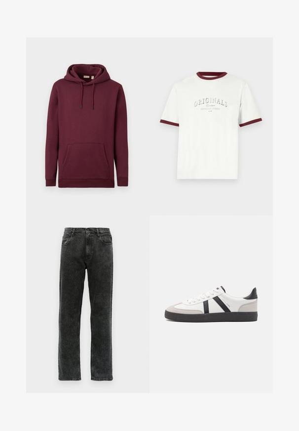 Bordeaux kleurige hoodie gemaakt van zachte stof, met een voorzak en trekkoord met zwarte uiteinden; geribbelde manchetten en zoom.; Witte T-shirt met korte mouwen en een bordeauxrode geribde kraag en mouwranden. Voorzien van een gebogen gedrukt logo "ORIGINALS".; Zwarte denim jeans met een rechte pijp, voorzien van vijf zakken, een knoopsluiting en subtiele vervaging langs de stof.; Witte sneaker met zwarte en grijze accenten, voorzien van een grijze neus met textuur, zwarte rubberen zool en platte witte veters. Schoon ontwerp, minimalistische stijl.