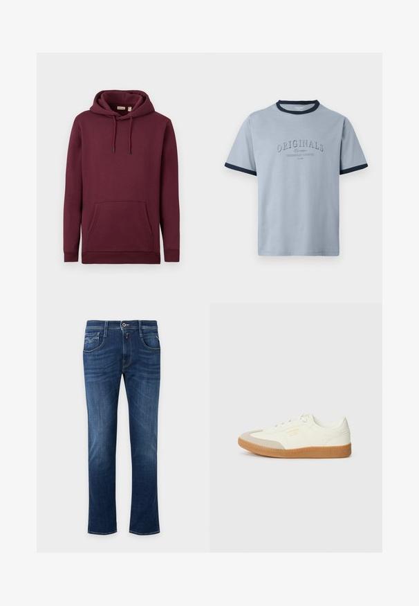 Burgunderfarbener Kapuzenpullover aus weichem Stoff, mit einer vorderen Tasche und Kordeln mit schwarzen Spitzen; gerippte Bündchen und Saum.; Hellblaues Baumwoll-T-Shirt mit marineblauem Rippenkragen und Ärmeln. Verziert mit erhabenem Text "ORIGINALS" und "CONTEMPORARY AESTHETICS" in einem dezenten Design.; Dunkelblaue Straight-Leg-Jeans mit vorderem Knopf, Reißverschluss und Fünf-Taschen-Design.; Sneaker aus weißem Leder mit einer beigen Zehenkappe und leichter brauner Gummisohle. Verfügt über flache weiße Schnürsenkel und geprägtes Branding an der Seite.