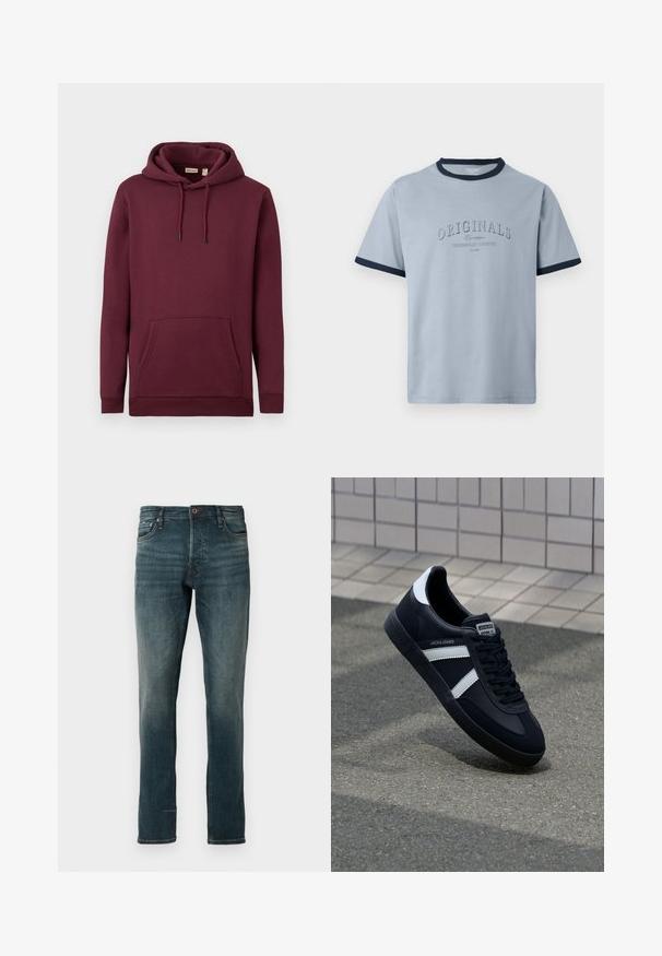 Bordeaux hættetrøje lavet af blødt stof, med en frontlomme og snore med sorte spidser; ribbede manchetter og kant.; Lyseblå bomulds-T-shirt med navyblå ribkant ved hals og ærmer. Har hævet tekst "ORIGINALS" og "CONTEMPORARY AESTHETICS" i et diskret design.; Mørkeblå slim-fit jeans med fem lommer og knaplukning, vist mod en ensfarvet hvid baggrund.; Sort lædersneaker med hvide striber, tekstureret gummisål og snørrebånd foran. Har et brandet mærke på tungen.