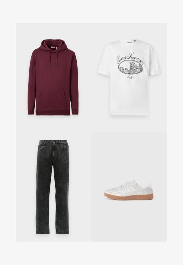 Burgunderfarbener Kapuzenpullover aus weichem Stoff, mit einer vorderen Tasche und Kordeln mit schwarzen Spitzen; gerippte Bündchen und Saum.; Weißes Baumwoll-T-Shirt mit einem schwarzen illustrativen Druck einer Pariser Stadtszene und dem Text "Paris Lovers inc." sowie "Bonheur EST.1992."; Schwarze Denim-Jeans mit geradem Schnitt, fünf Taschen, Knopfverschluss und dezentem Verblassen des Stoffs.; Silberne Sneakers mit glatter Textur, Schnürdesign, durchbrochenen Akzenten und einer strukturierten braunen Gummisohle.