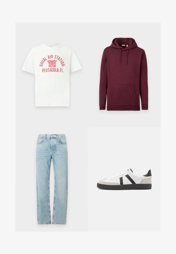 Bordeaux hættetrøje lavet af blødt stof, med en frontlomme og snore med sorte spidser; ribbede manchetter og kant.; Hvid T-shirt med korte ærmer med rød tekst "NAVAL AIR STATION PENSACOLA, FL." og et ørneemblem i midten foran.; Lyseblå denimjeans med lige ben, der har en klassisk båndkant, fem lommer og subtile falmede detaljer hen over stoffet.; Hvide sneakers med sorte og grå detaljer, med en tekstureret grå tåhætte, sort gummisål og flade hvide snørebånd. Rent design, minimalistisk stil.