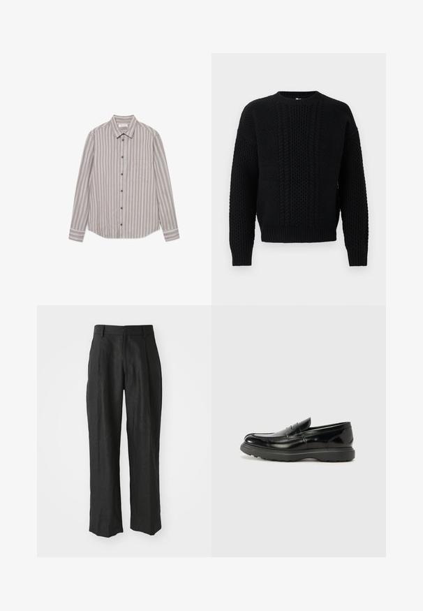 Pull noir en maille avec motifs torsadés et gaufrés, col rond, manches longues, et poignets et ourlet côtelés.; Chemise à rayures à manches longues dans des tons beiges et gris, fabriquée en tissu texturé. Elle présente un col classique, une fermeture à boutons à l'avant et une poche poitrine.; Pantalons en lin noir avec une coupe droite, ornés de plis distinctifs à l'avant et d'une finition lisse et texturée.; Mocassin en cuir noir avec une finition brillante, bout arrondi, détails de couture subtils et semelle en caoutchouc épaisse pour la durabilité.