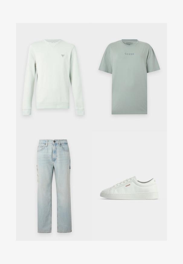 Sweat-shirt vert clair à manches longues, col rond, avec un petit logo triangulaire sur la poitrine. Tissu doux et poignets côtelés.; T-shirt à manches courtes vert clair avec "GUESS" imprimé en gris sur la poitrine, col rond et coupe régulière.; Jean cargo en denim bleu clair avec une coupe droite, doté de deux poches latérales et d'une fermeture à bouton. Un léger délavage ajoute un aspect texturé.; Baskets basses blanches avec lacets et logo rouge "HUGO" sur le côté, sur un fond blanc uni.