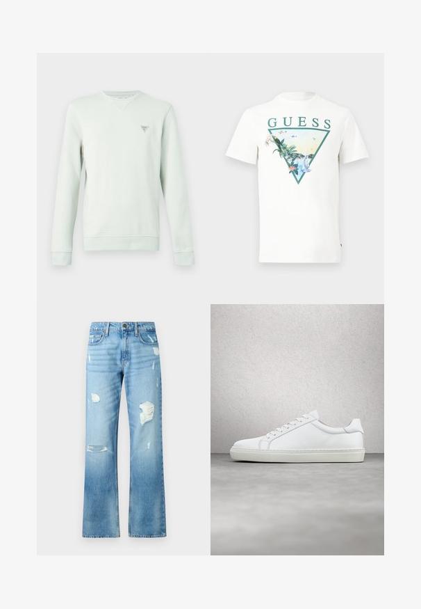 Sudadera de color verde claro con mangas largas, cuello redondo y un pequeño logo triangular en el pecho. Tejido suave y puños acanalados.; Camiseta blanca de manga corta con un logo triangular verde, plantas tropicales, veleros y aviones con la palabra "GUESS" encima del diseño.; Vaqueros de mezclilla azul claro con un diseño de pierna recta, que presentan detalles desgastados y un acabado desvaído. Incluyen un botón de metal y cinco bolsillos.; Zapatilla blanca con parte superior de cuero liso y perfil bajo. Presenta una puntera redondeada, seis ojales y una suela de goma texturizada.