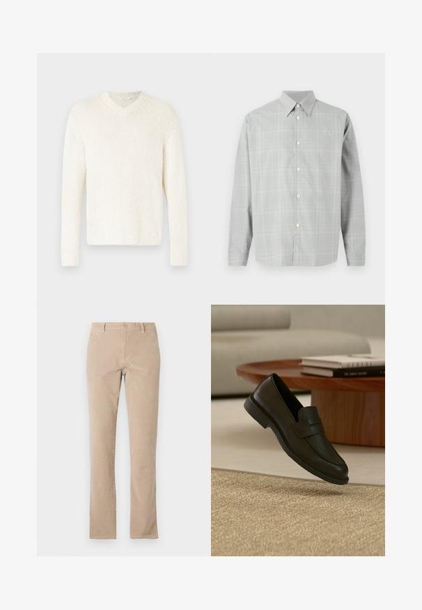 Sveter s V-výstrihom v odtieni off-white, s textúrovaným úpletom. Dlhé rukávy, voľný strih a rebrované manžety a lem. Jednoduchý dizajn bez ďalších ozdôb.; Šedá košeľa s dlhým rukávom s jemným kockovaným vzorom, s gombíkovým zapínaním, špicatým golierom a hladkým textilným povrchom.; Béžové bavlnené kordové nohavice so strihom rovného nohu, s gombíkovým uzáverom, piatimi vreckami a hladkým povrchom.; Čierny kožený mokasín zobrazený vo vzduchu nad béžovým tkaným kobercom, s dreveným stolom a naskladanými knihami v jemne osvetlenej obývačke.