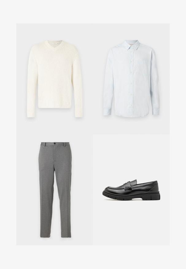 Pull-over en V en blanc cassé, tricot texturé. Manches longues, coupe décontractée, et poignets et ourlet côtelés. Design simple sans embellissements supplémentaires.; Chemise à manches longues bleu clair avec col pointu et poche poitrine, présentée à plat sur un fond blanc.; Pantalons gris ajustés avec une texture lisse, un léger motif, une fermeture éclair et un bouton, dotés de poches avant et de jambes fuselées.; Mocassin en cuir noir avec une large sangle sur le devant, semelle en caoutchouc à épaisse rainure, et texture lisse. Design classique et élégant.