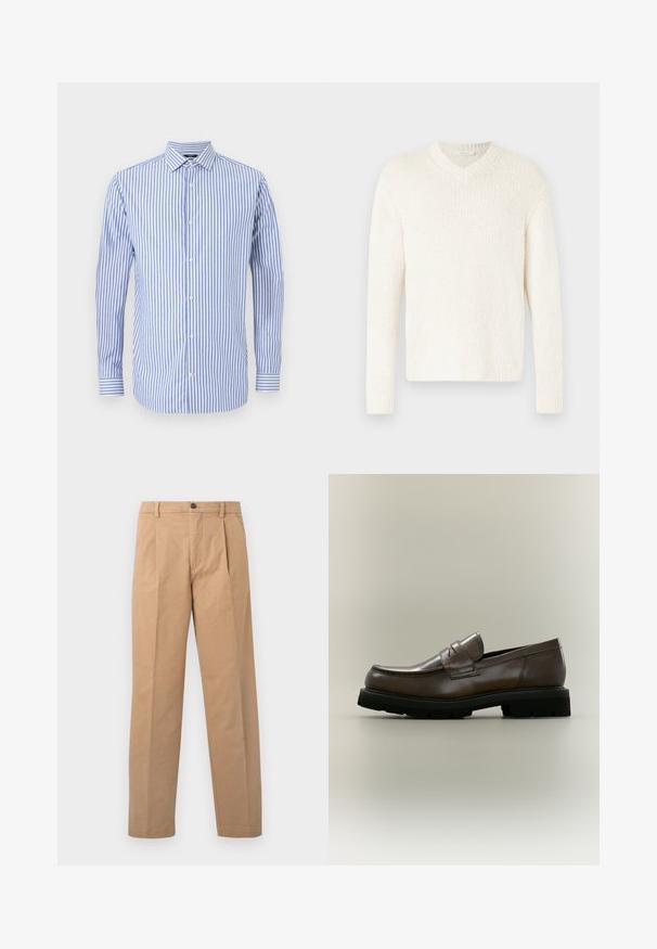 V-hals sweater i off-white, struktureret strik. Lange ærmer, afslappet pasform og ribkant ved ærmer og bund. Enkel design uden yderligere udsmykninger.; Blå og hvid stribet button-up skjorte med krave, lange ærmer og lige kant. Blødt stof og klassisk pasform.; Khaki bukser med lige ben-design, lavet af bomuldsstof; har en enkelt knaplukning og to frontfolder.; Brun læderloafer med tyk sort gummisål, lav hæl og en rem over øverste del, vist fra siden på en neutral baggrund.