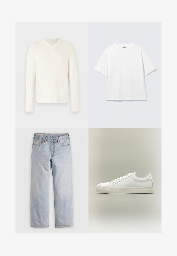 V-hals sweater i off-white, struktureret strik. Lange ærmer, afslappet pasform og ribkant ved ærmer og bund. Enkel design uden yderligere udsmykninger.; Hvid oversized t-shirt med korte ærmer og rund halsudskæring med sænkede skuldre, fladt lagt på lys grå baggrund.; Lyseblå lige ben jeans med høj talje, knaplukning samt for- og baglommer, præsenteret på en flad overflade.; Hvid lavtop sneaker med snørebånd foran og tyk sål, vist fra siden mod en neutral baggrund.