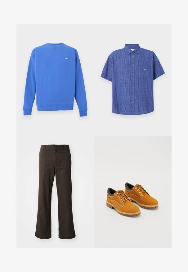 Blauwe trui van katoenmix met geribde manchetten en zoom. Voorzien van een klein wit "OBEY" logo op de borst. Rond hals ontwerp.; Blauw-wit geruit overhemd met korte mouwen, knoopsluiting, kraag en voorzak met wit "OBEY" logo.; Bruine, uitlopende broek met een soepele textuur, voorzien van een sluiting met een voorknop en zijzakken. Eenvoudig en recht ontwerp.; Bruine suède schoenen met een ronde neus, gele veters, een gewatteerde zwarte kraag en rubberen zolen met gripgroeven.
