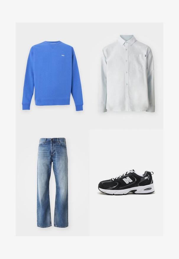 Blauer Sweatshirt aus Baumwollmischung mit gerippten Bündchen und Saum. Verfügt über ein kleines weißes "OBEY"-Logo auf der Brust. Rundhalsausschnitt.; New Balance OXFORD - Hemd - blue; Blaue Jeans mit geradem Bein aus Denim, mit leichtem Verblassen an den Oberschenkeln und Knien, ausgestattet mit fünf Taschen und einem Knopfverschluss.; Schwarze und graue Sportschuhe mit Obermaterial aus Mesh und Wildleder, ausgestattet mit einer weißen Zwischensohle, Schnürsenkeln und einem markanten "N"-Logo an der Seite.