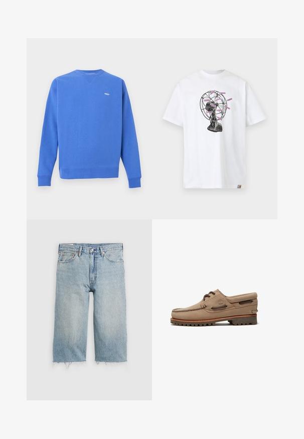 Blauer Sweatshirt aus Baumwollmischung mit gerippten Bündchen und Saum. Verfügt über ein kleines weißes "OBEY"-Logo auf der Brust. Rundhalsausschnitt.; Weißes T-Shirt mit schwarzer Vintage-Lüfter-Grafik, an der mehrere pinke Etiketten mit der Aufschrift „CARHARTT WIP“ an den Lüfterblättern befestigt sind.; Hellblaue Denim-Shorts mit geradem Schnitt, fransigem Saum, fünf Taschen und Knopfverschluss an der Taille.; Beiger Wildleder-Bootsschuh mit Schnürung, robusten Sohlen, Leder-Schnürsenkeln und gepolstertem Kragen, mit Timberland-Logo an der Seite.