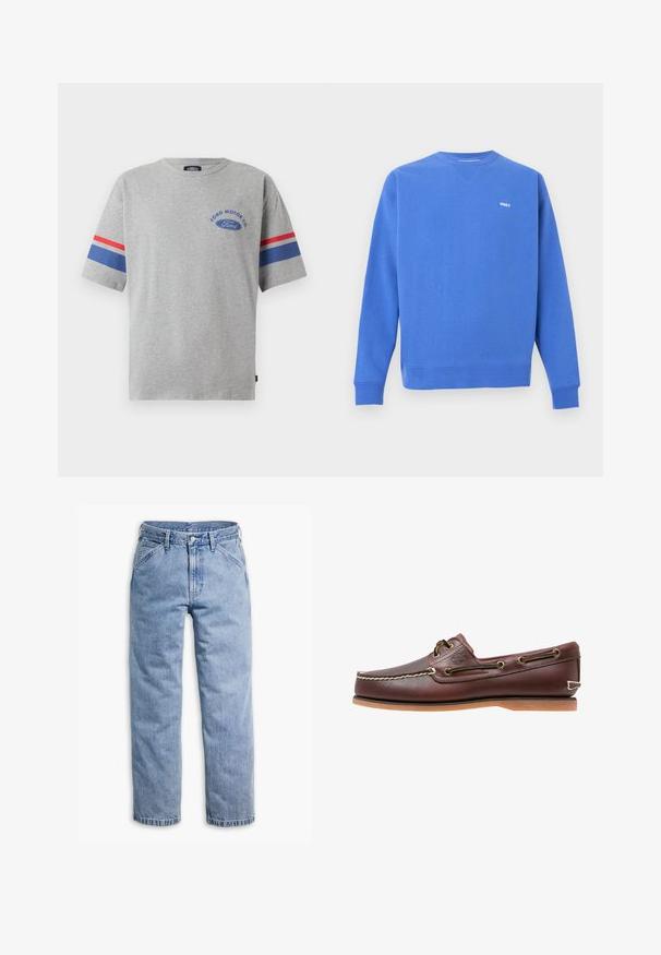 Sudadera azul hecha de mezcla de algodón con puños y dobladillo acanalados. Cuenta con un pequeño logo blanco "OBEY" en el pecho. Diseño de cuello redondo.; Camiseta de algodón gris con mangas cortas, que presenta rayas azules y rojas en las mangas y el logo "Ford Motor Co" en azul en el pecho.; Vaqueros de mezclilla azul claro de pierna recta con cierre frontal de botón y cremallera, trabillas para cinturón y bolsillos delanteros inclinados.; Zapato náutico de cuero marrón con costuras blancas, detalles de cordones y suela de goma color coñac, mostrado de lado sobre un fondo blanco.