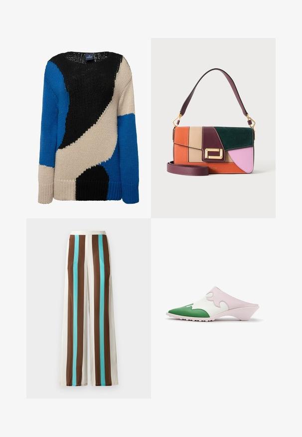 Strikket sweater med markante farvefelter i sort, blå og beige. Rund hals, lange ærmer og ribbede manchetter giver tekstur og varme.; Bredde ben bukser med brune, cremefarvede og turkise lodrette striber. Fremstillet af letvægtsstof med en glat tekstur og elastisk talje.; Slip-on mule sko med spids grøn tå, hvid overdel med pink bølget overlay og lav skrå hæl på hvid baggrund.; Farveblok-læderhåndtaske i orange, beige, bordeaux, grøn og lyserød med guldlås og dobbelt bordeaux stropper, en kort og en lang.