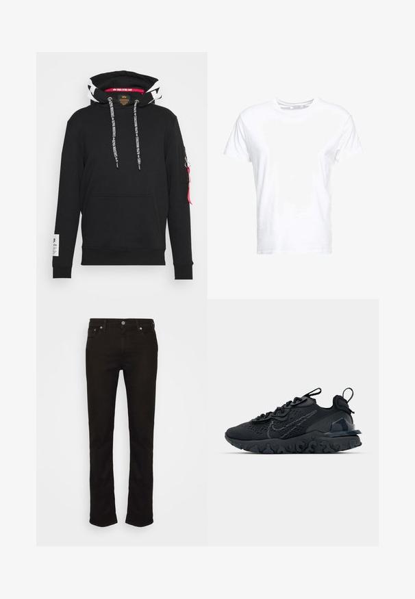 Sweat à capuche noir avec doublure de capuche à motifs blancs et noirs, cordons de marque, poche avant et poche zippée sur la manche avec une étiquette rouge.; T-shirt en coton blanc avec un col rond et des manches courtes, au fit classique et à la texture lisse. Aucun motif ni accessoire visible.; Jean en denim noir avec une coupe droite, présentant un design classique à cinq poches, une fermeture à bouton en métal et des détails de couture subtils.; Chaussure de sport noire avec une tige en mesh respirant, des accents texturés et une semelle en caoutchouc ondulée. Comprend un logo réfléchissant et un système de laçage.