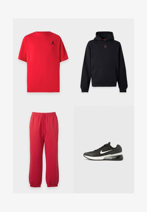 Sort hættetrøje med frontlomme og lille rød Jumpman-logo på brystet mod ensfarvet baggrund.; Rød t-shirt i bomuld med korte ærmer og en sort silhuetlogo på venstre bryst. Rund hals med afslappet pasform.; Røde joggingbukser med elastisk talje, snøre og elastiske manchetter, med et lille sort Jumpman-logo på højre lår.; Sort Nike Air Max 270 sneaker med hvid swoosh-logo, hvid mellemsål og synlig luftpude i hælen på en ensfarvet baggrund.
